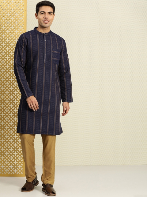 

House of Pataudi Men Navy Blue & Mustard Yellow Self Striped Straight Kurta