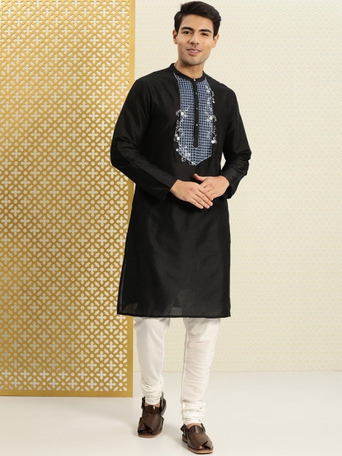 

House of Pataudi Men Black Embroidered Yoke Design Straight Kurta