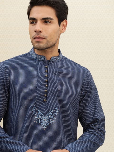 

House of Pataudi Men Navy Blue & Off-White Striped Straight Kurta with Embroidered Detail