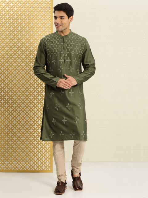 

House of Pataudi Men Olive Green & Gold-Toned Embroidered Straight Kurta
