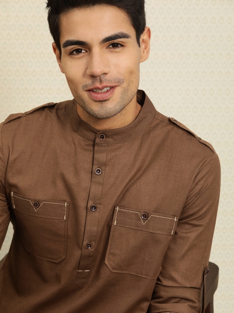 

House of Pataudi Men Brown Solid Pathani Kurta