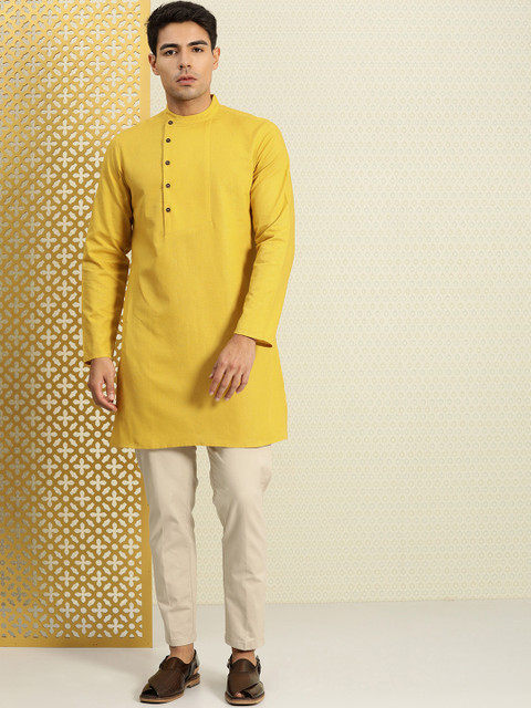 

House of Pataudi Men Mustard Yellow Solid Straight Kurta