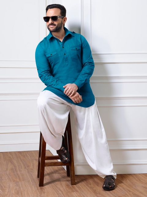 

House of Pataudi Men Blue Solid Straight Kurta