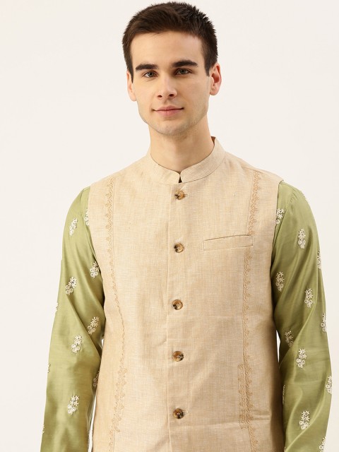 

House of Pataudi Mens Beige Solid Ethnic Pure Cotton Nehru Jacket