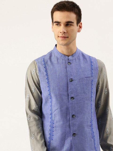 

House of Pataudi Men Blue Solid Pure Cotton Nehru Jacket with Embroidered Detail