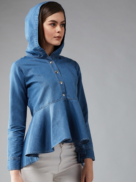 

DOLCE CRUDO Women Blue Solid Peplum Hooded Denim Top