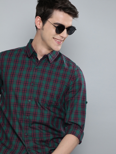 

HERE&NOW Men Green & Pink Slim Fit Checked Casual Shirt