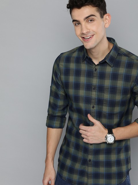 

HERE&NOW Men Navy Blue & Olive Green Slim Fit Checked Casual Shirt