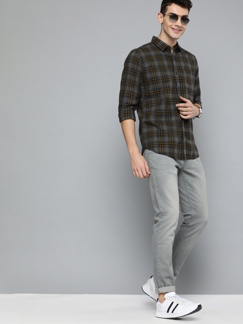 

HERE&NOW Men Grey & Mustard Yellow Slim Fit Checked Casual Shirt