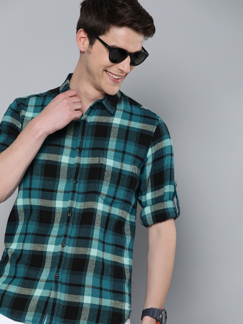 

HERE&NOW Men Teal Blue & Black Slim Fit Checked Casual Shirt