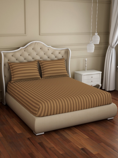 

SPACES Brown Striped 210 TC Cotton 1 King Bedsheet with 2 Pillow Covers