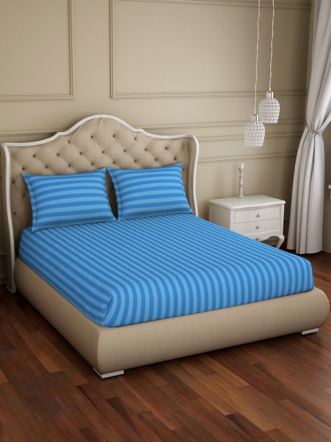 

SPACES Blue Striped 210 TC Cotton 1 King Bedsheet with 2 Pillow Covers