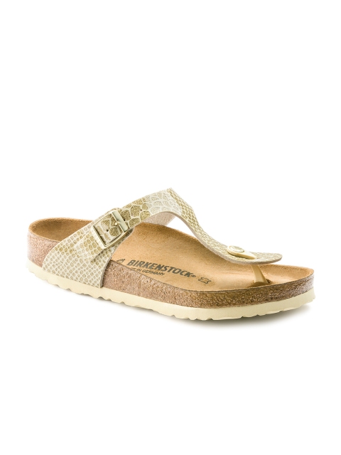 

Birkenstock Women Gold-Toned Snakeskin Printed Gizeh Birko-Flor Magic T-Strap Regular Width Flats