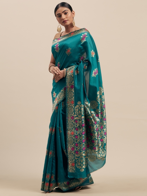 

Mitera Teal Green Silk Cotton Woven Design Banarasi Saree