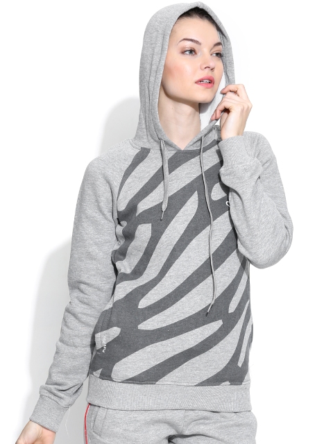 

Pure Play Women Grey Melange Printed Hooded Sweatshirt