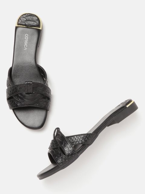 

CORSICA Women Black Croc Textured Open Toe Flats