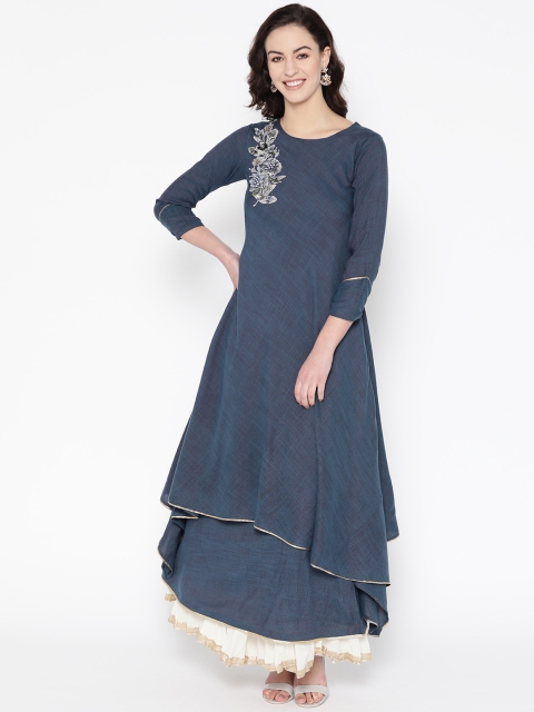 

Cottinfab Women Navy Blue Solid Layered A-Line Kurta