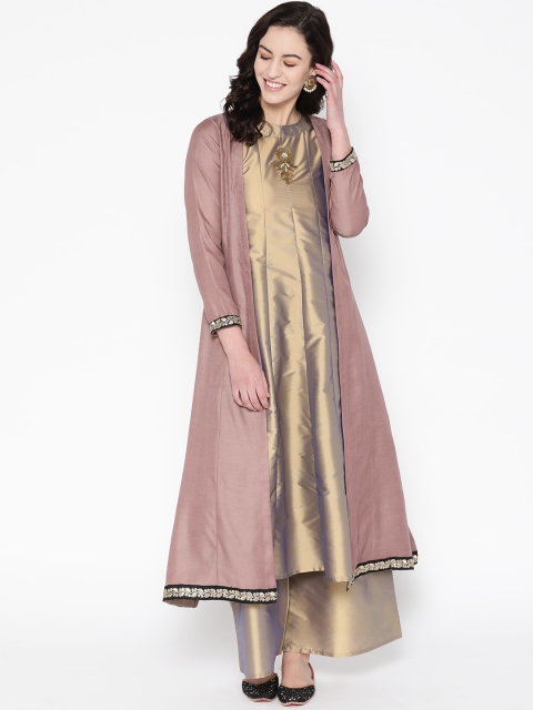 

Cottinfab Women Golden & Mauve Solid Kurta with Palazzos & Ethnic Jacket, Gold