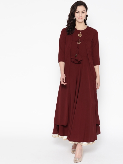 

Cottinfab Women Maroon Solid Layered A-Line Kurta