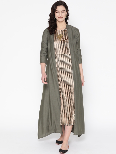 

Cottinfab Women Beige & Grey Printed Satin Finish Maxi Dress with Longline Shrug