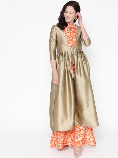 

Cottinfab Women Orange & Beige Printed Crop Top with Palazzos & Ethnic Jacket