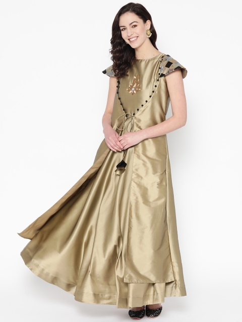 

Cottinfab Women Golden Solid Layered Maxi Dress, Gold