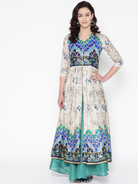 

Cottinfab Women Grey & Green Printed Kurta with Skirt
