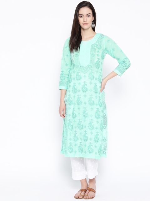

ADA Women Sea Green & White Chikankari Embroidered Sustainable Kurta with Trousers