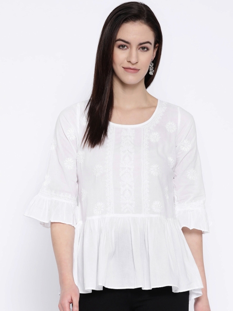 

ADA Women White Chikankari Hand Embroidered Embroidered Semi-Sheer A-Line Top