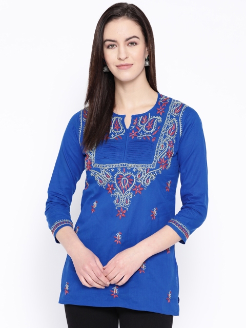 

ADA Women Blue & Red Chikankari Hand Embroidered Straight Kurti