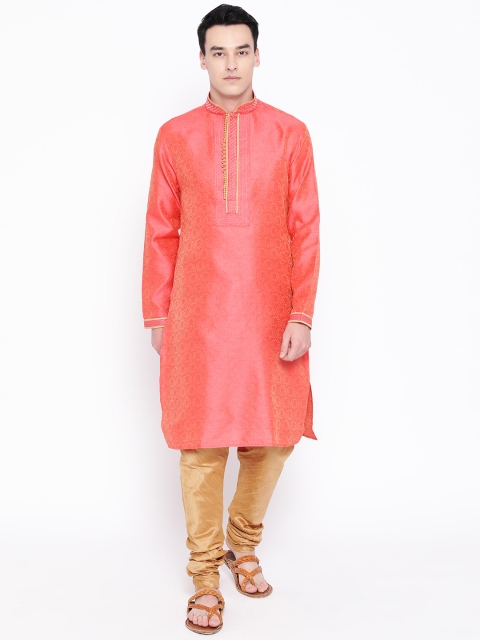 

SG LEMAN Men Pink & Beige Woven Design Kurta with Churidar