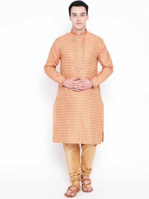 

SG LEMAN Men Orange & Beige Self Design Kurta with Churidar