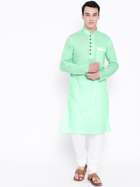 

SG LEMAN Men Sea Green & White Solid Kurta with Churidar