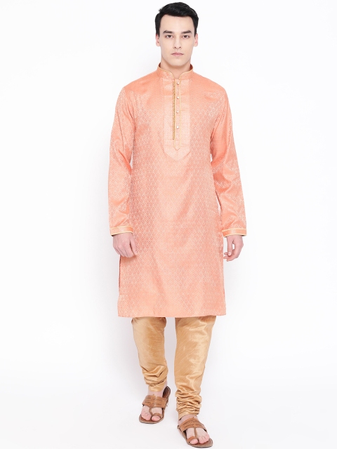 

SG LEMAN Men Peach-Coloured & Beige Woven Design Kurta with Churidar