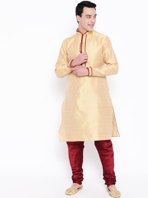 

SG LEMAN Men Beige & Maroon Woven Design Kurta with Churidar