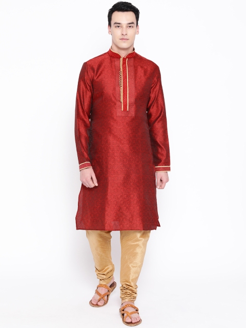 

SG LEMAN Men Maroon & Golden Self Design Kurta with Churidar