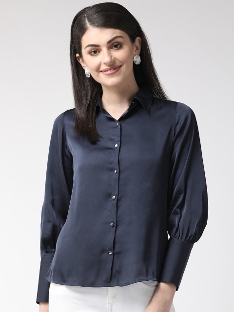 

Antheaa Women Navy Blue Regular Fit Satin Finish Solid Party Shirt