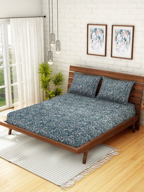

CORE Designed by SPACES Teal & Grey Floral 210 TC Cotton 1 Queen Bedsheet with 2 Pillow Covers