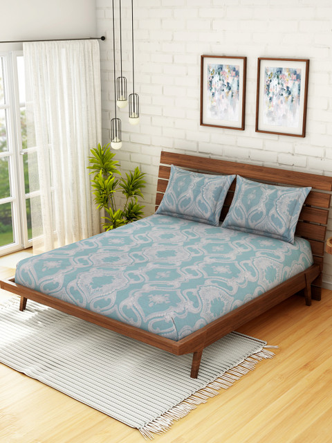 

CORE Designed by SPACES Grey & Teal Ethnic Motifs 210 TC Cotton 1 Queen Bedsheet with 2 Pillow Covers