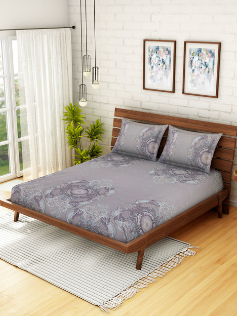 

CORE Designed by SPACES Grey & Purple Ethnic Motifs 210 TC Cotton 1 Queen Bedsheet with 2 Pillow Covers