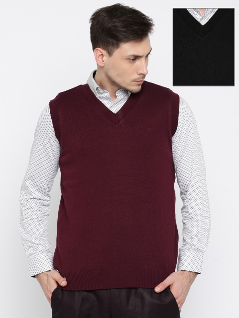 

Raymond Men Burgundy & Black Solid Reversible Formal Sweater