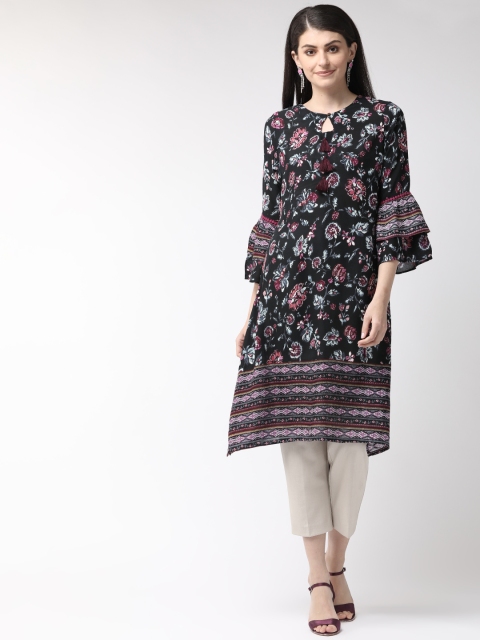 

plusS Women Black & Grey Floral Print A-Line Kurta