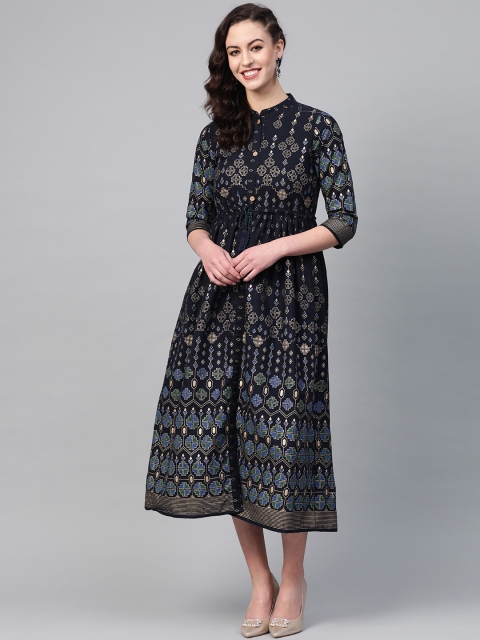 

Yuris Women Navy Blue & Golden Printed A-Line Dress
