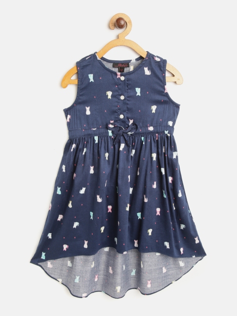 

pspeaches Girls Navy Blue Cat Print Fit & Flare Dress