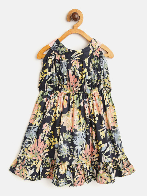 

pspeaches Girls Navy Blue Printed A-Line Dress
