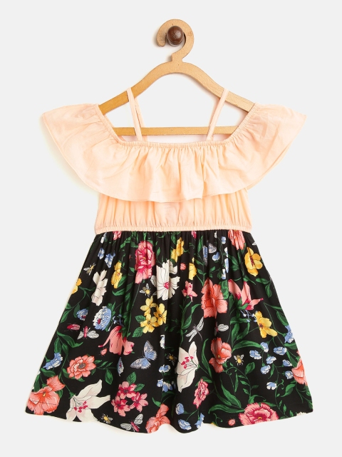 

pspeaches Girls Peach-Coloured & Black Printed Off-Shoulder A-Line Dress
