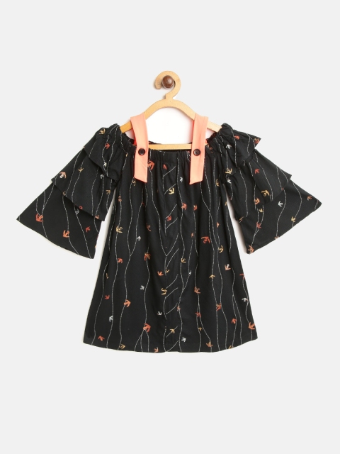 

pspeaches Girls Black Anchor Printed Off-Shoulder A-Line Dress