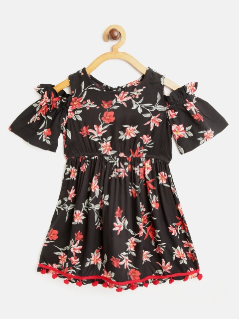 

pspeaches Girls Black & Red Printed Cold-Shoulder A-Line Dress