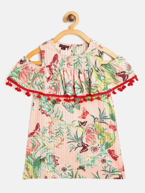 

pspeaches Girls Peach-Coloured & Green Tropical Print Cold-Shoulder A-Line Dress