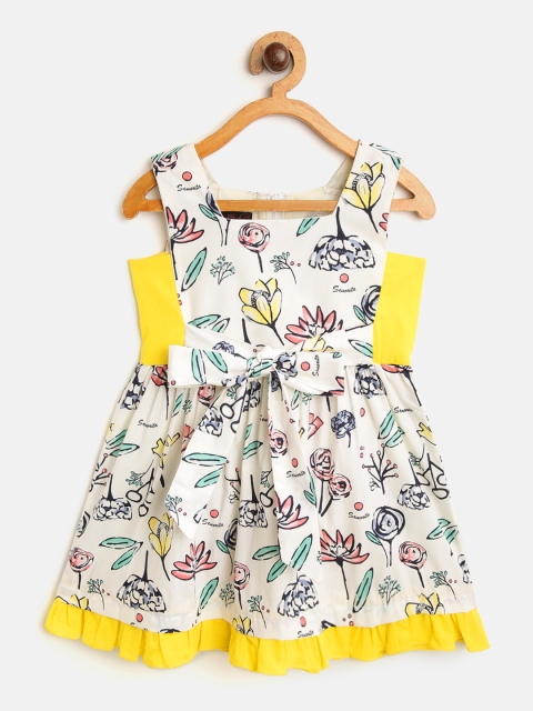 

pspeaches Girls Off-White & Yellow Floral Print A-Line Dress